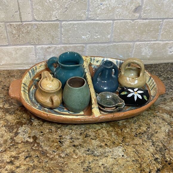 Mini Clay‎ Pottery Native American Bowls Jars Vase From Santa Fe NM 9 Vessel Set - Picture 1 of 12